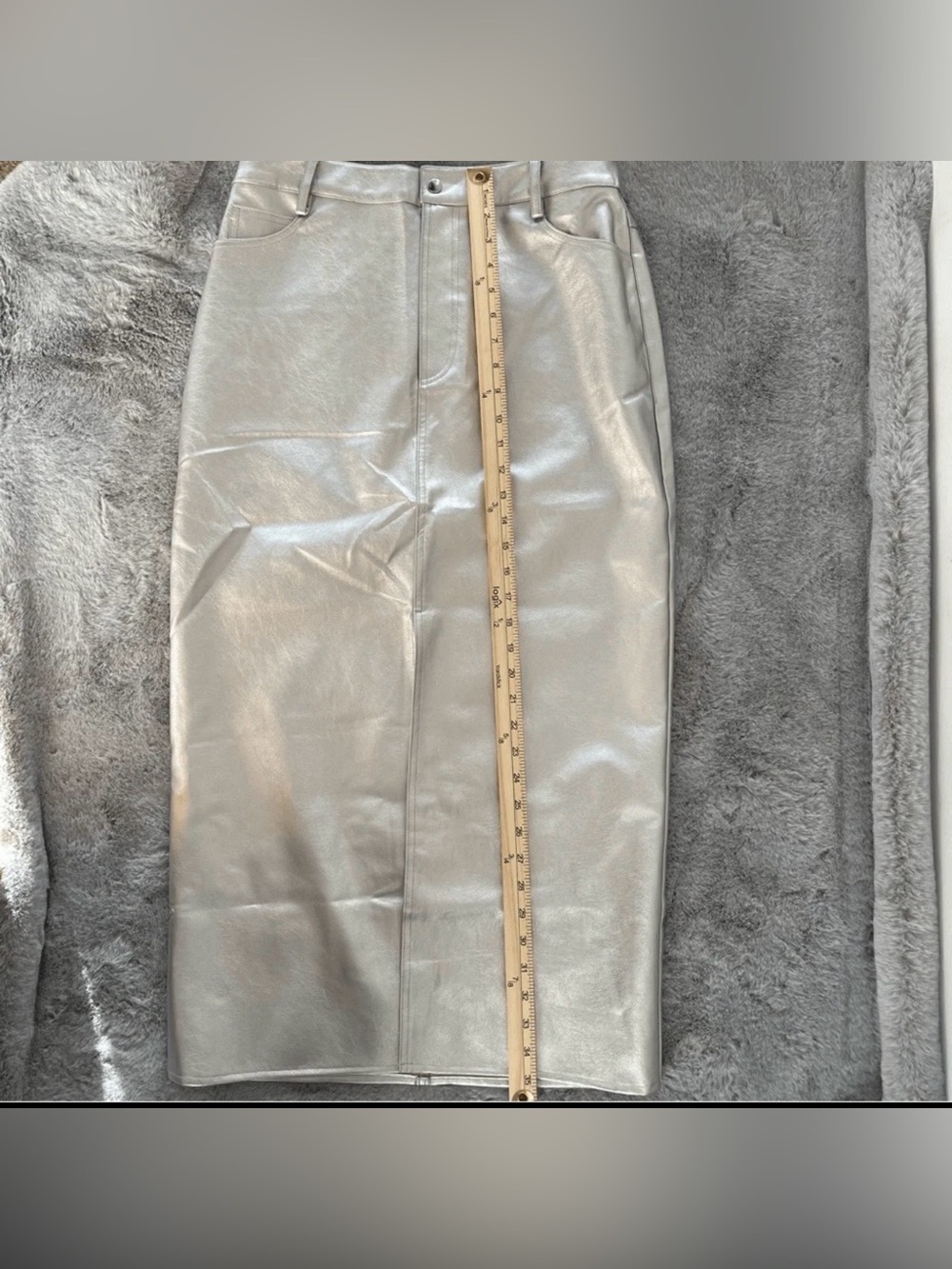 WAYF Metallic Silver Faux Leather Midi Skirt M NWT Coated Quiet Luxury Moto - Picture 11 of 15